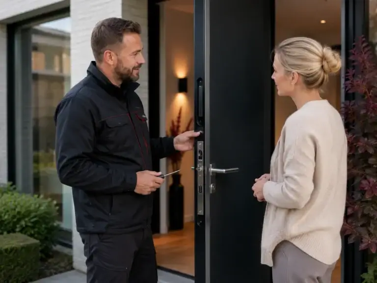 Beveiligingsspecialist bespreekt slimme sloten, alarmsensoren en woningbeveiliging met een klant.