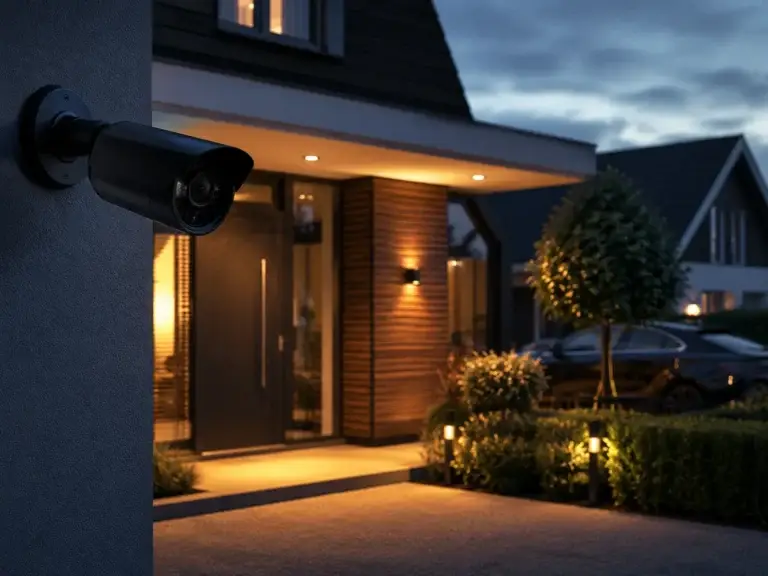 Buitenbeveiligingscamera bewaakt de entree van een moderne woning tegen inbraak en ongewenst bezoek