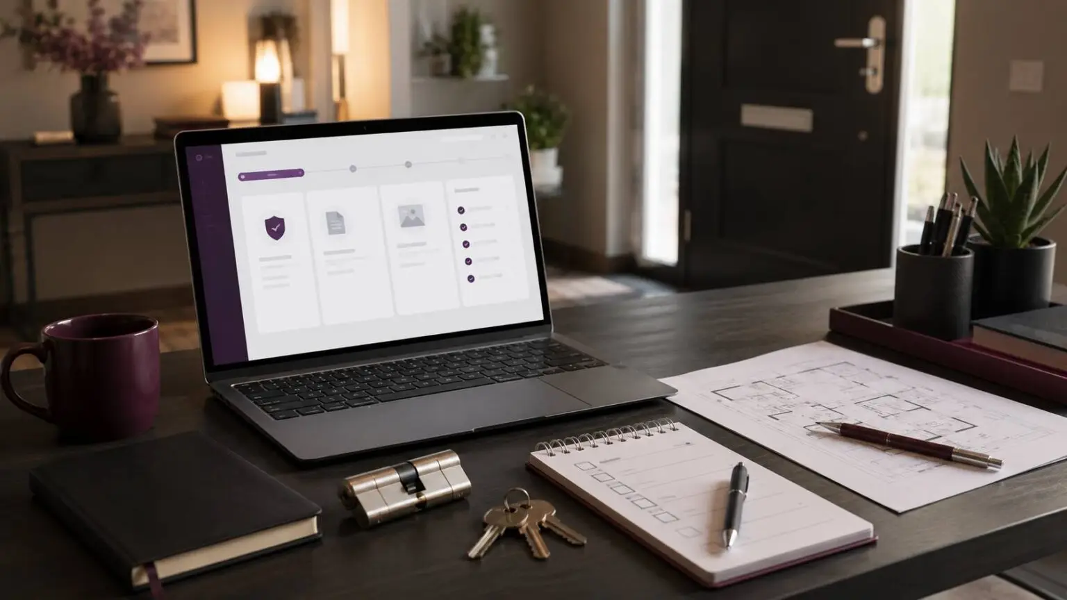 Professionele werkplek met laptop, sleutels, cilinderslot en beveiligingsnotities voor een artikel over sloten en veilig wonen.