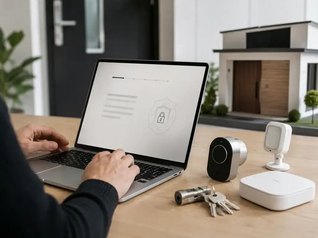 Gebruiker voltooit online de registratie voor woningbeveiliging met slimme sloten, sensoren en beveiligingsapparatuur.