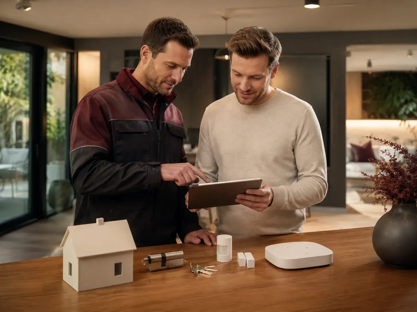 Slotenmaker bespreekt slimme woningbeveiliging, slotcilinders en alarmsensoren met een huiseigenaar.