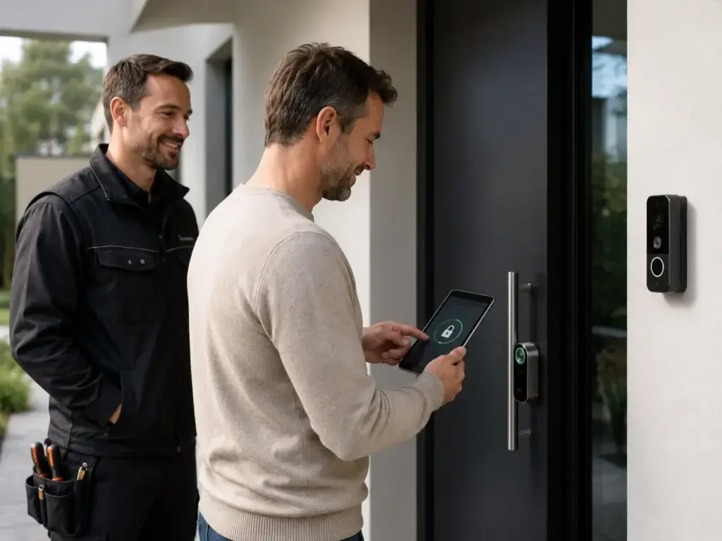 Bewoner activeert een slim deurslot via een tablet terwijl een professionele slotenmaker ondersteuning biedt.