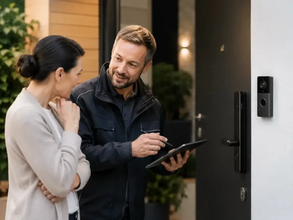 Slotenmaker beantwoordt vragen van een bewoner over een slim deurslot, videodeurbel en veilige woningbeveiliging.